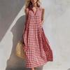 Women's Sleeveless Button Front Shirt Dress with Collar Loose Fit Blue Checkered A Line Dress