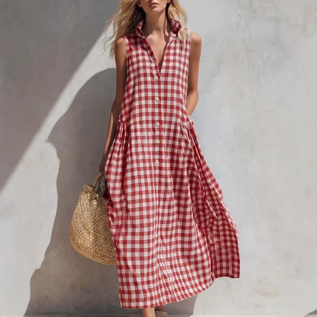 Women's Sleeveless Button Front Shirt Dress with Collar Loose Fit Blue Checkered A Line Dress