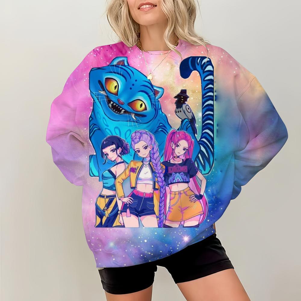 KPop Demon Hunters Print Pullover Sweatshirts Casual Long Sleeve Crew Neck Sweatshirts Fall Winter Women's Clothing