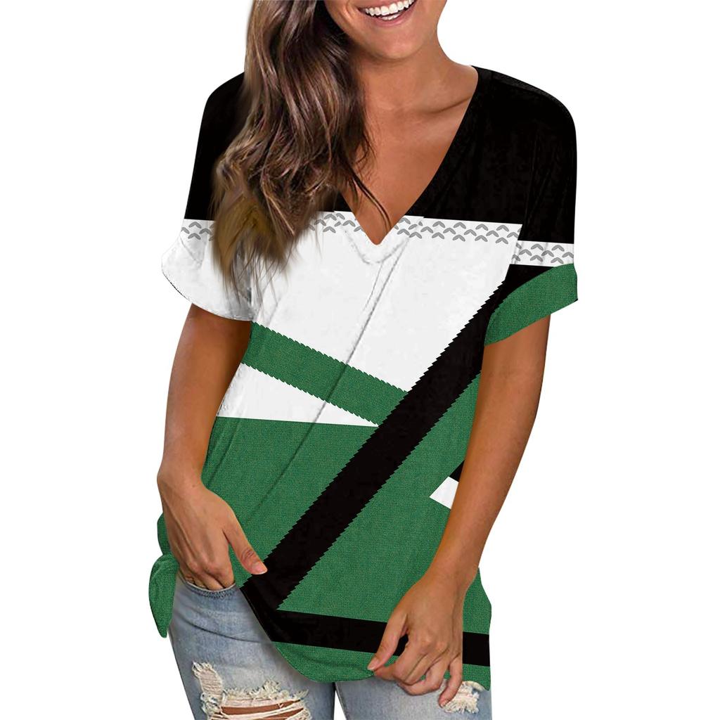 Women's Fashion Casual V-Neck T-Shirt Colour Block Splicing Printed Short Sleeve Loose Top
