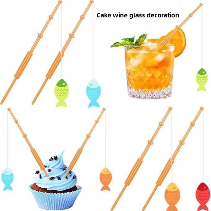 Decorazione Torta Festa Mini Canna da Pesca con Inserto in Plastica per Celebrazioni di Compleanno