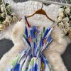 Charming and Elegant Vacation-Style Square-Neck Spaghetti-Strap Dress for Women Summer Dopamine Print A-Line Maxi Dress