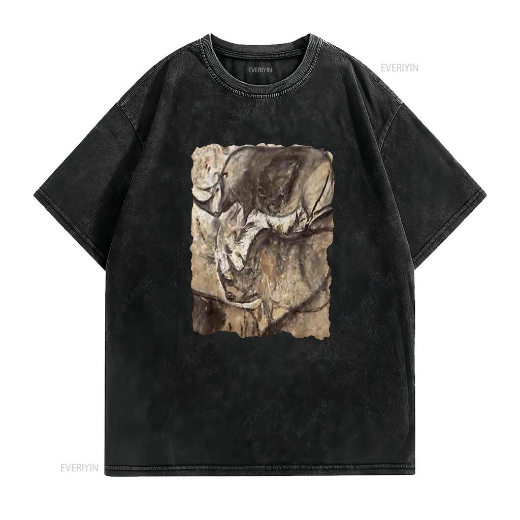 Cave Painting T Shirt Prehistoric Art Rhinos In Chauvet Vintage Washed Designer Clothes Homme Comfortable Streetwear Fashion