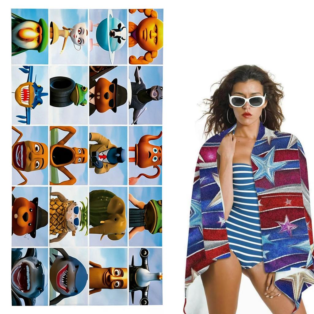 1Pc Funny Cartoon Character Beach Towel Microfiber Soft Skin Friendly Quick Dry Unique Cute Design Essential Beach Accessories