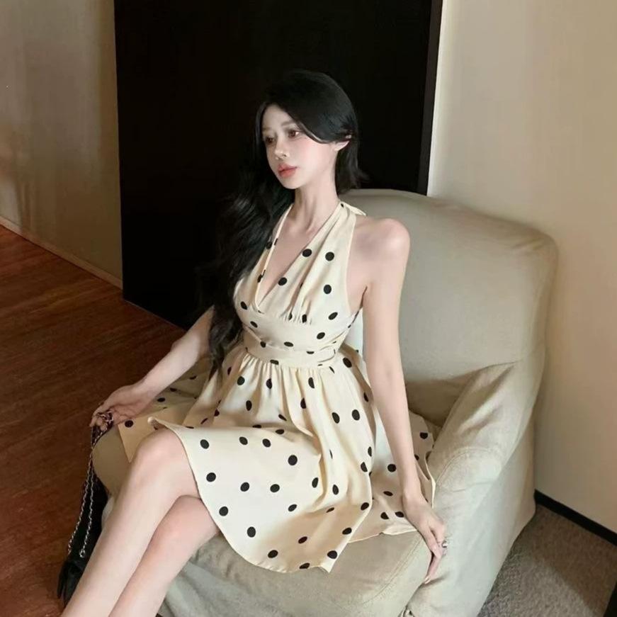 French Retro Style Polka Dot V-neck Bow Neck Dress Women's Summer New Temperament Waist Backless A-word Short Skirt