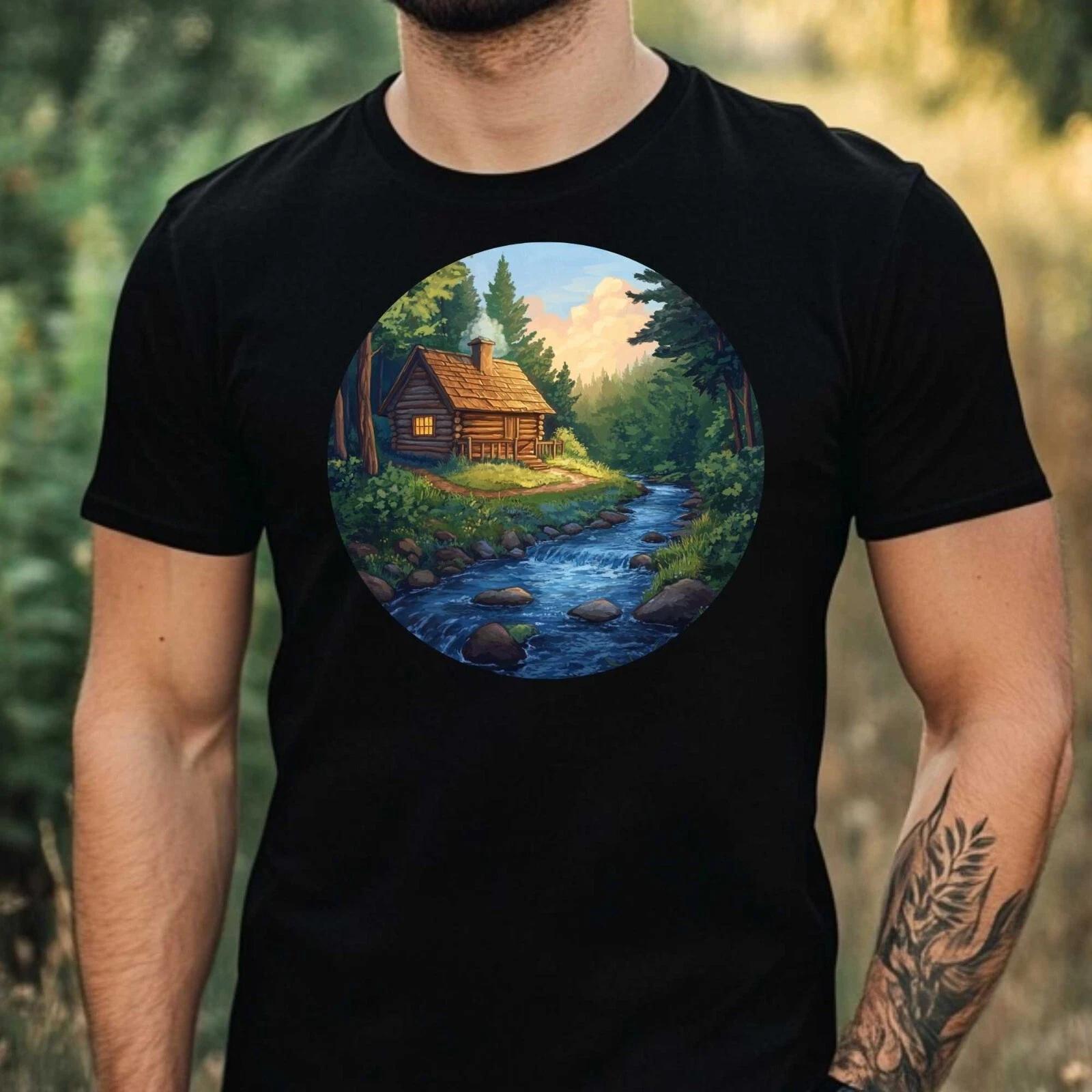 T-Shirt Herren Wald Hütte Motiv Baumwolle Größe XS bis 5XL M