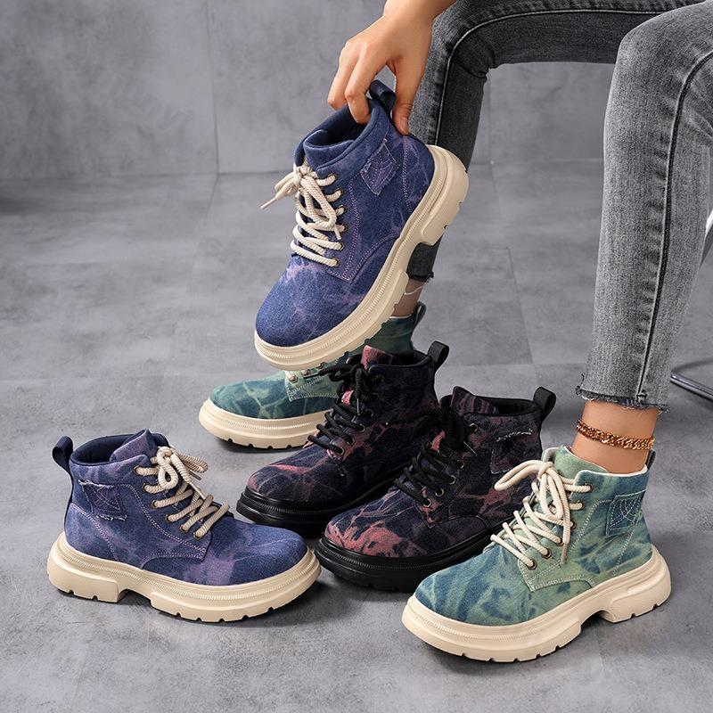 Autumn Thick Sole Denim Retro Fashion Design Casual Short Boots for Women Breathable Comfortable Lace Up Chunky Ankle Boots