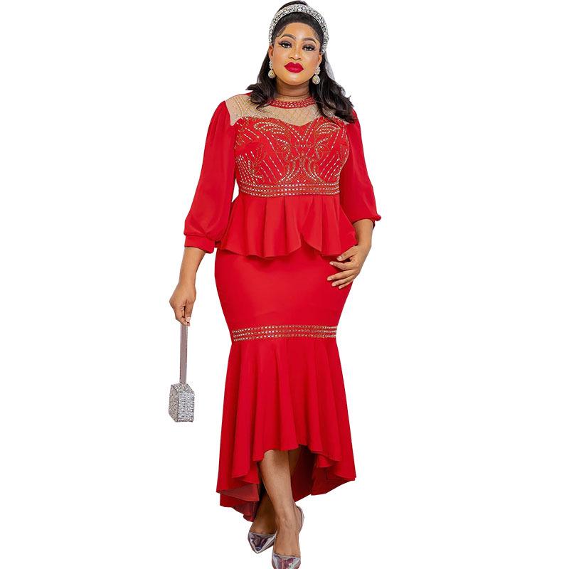 New 2023 African Two-Piece Set with Mesh Splicing and Hot Diamond Design