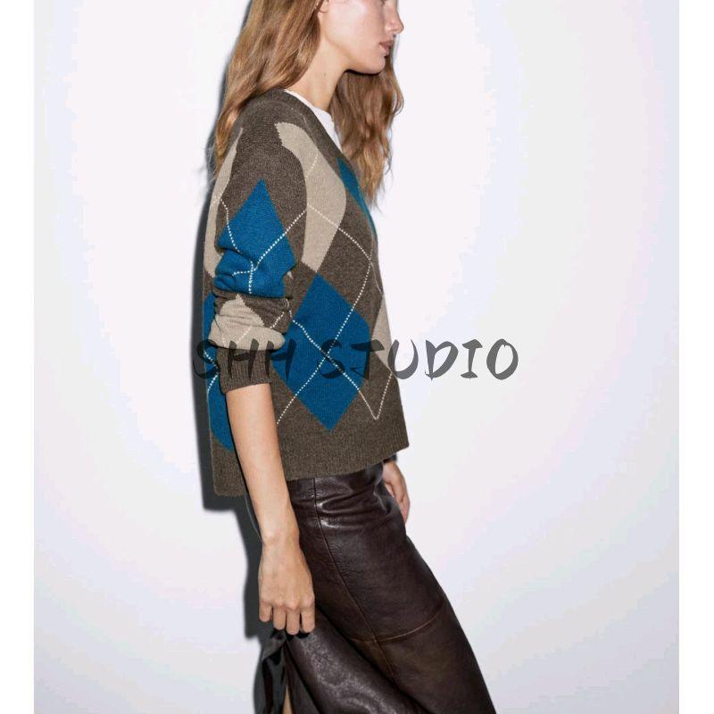 MD Autumn Women clothes Preppy Fleece Blended Diamond Plaid Retro V-neck Sweater Knit 5692593