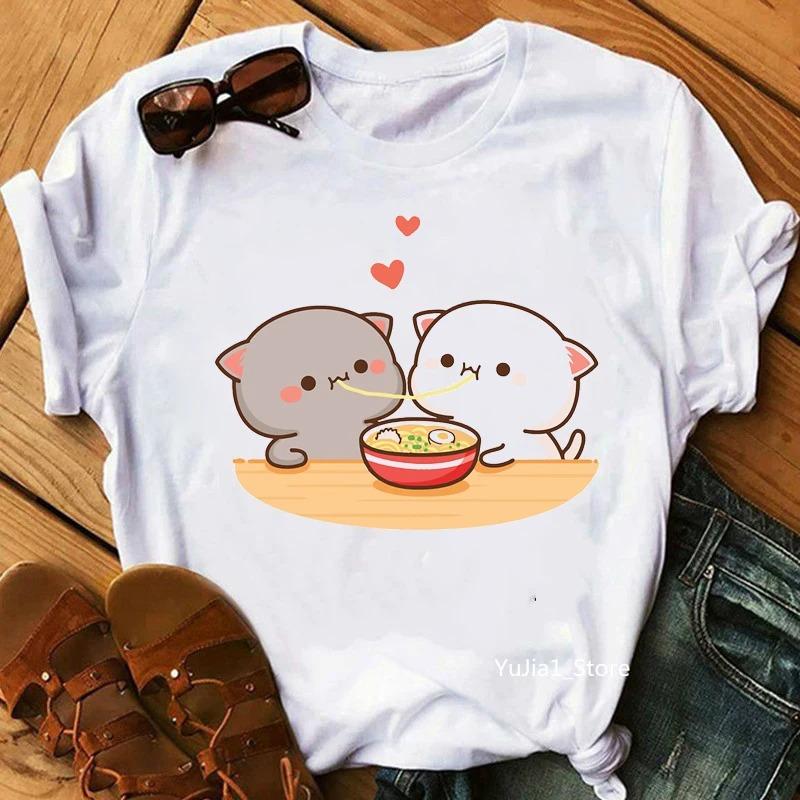 Peach And Goma Mochi Cat Animal Print Tshirt Femme Harajuku Shirt Streetwear Women Short Sleeve Gifts Tshirt Women Clothing