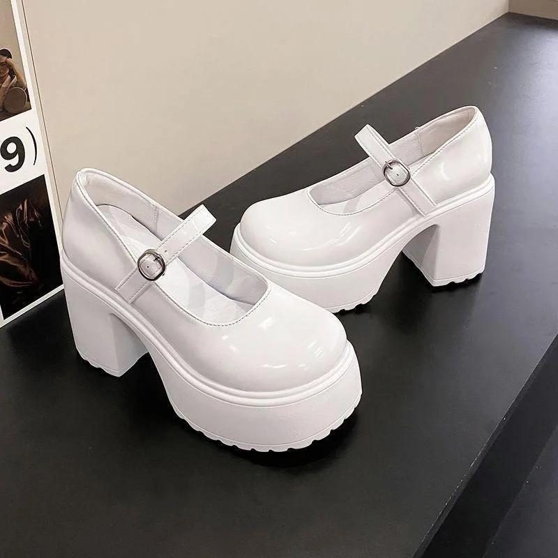 White Super High Heels  Shoes for Women Patent Leather Chunky Platform Pumps Woman Gothic Buckle Strap Lolita Shoes