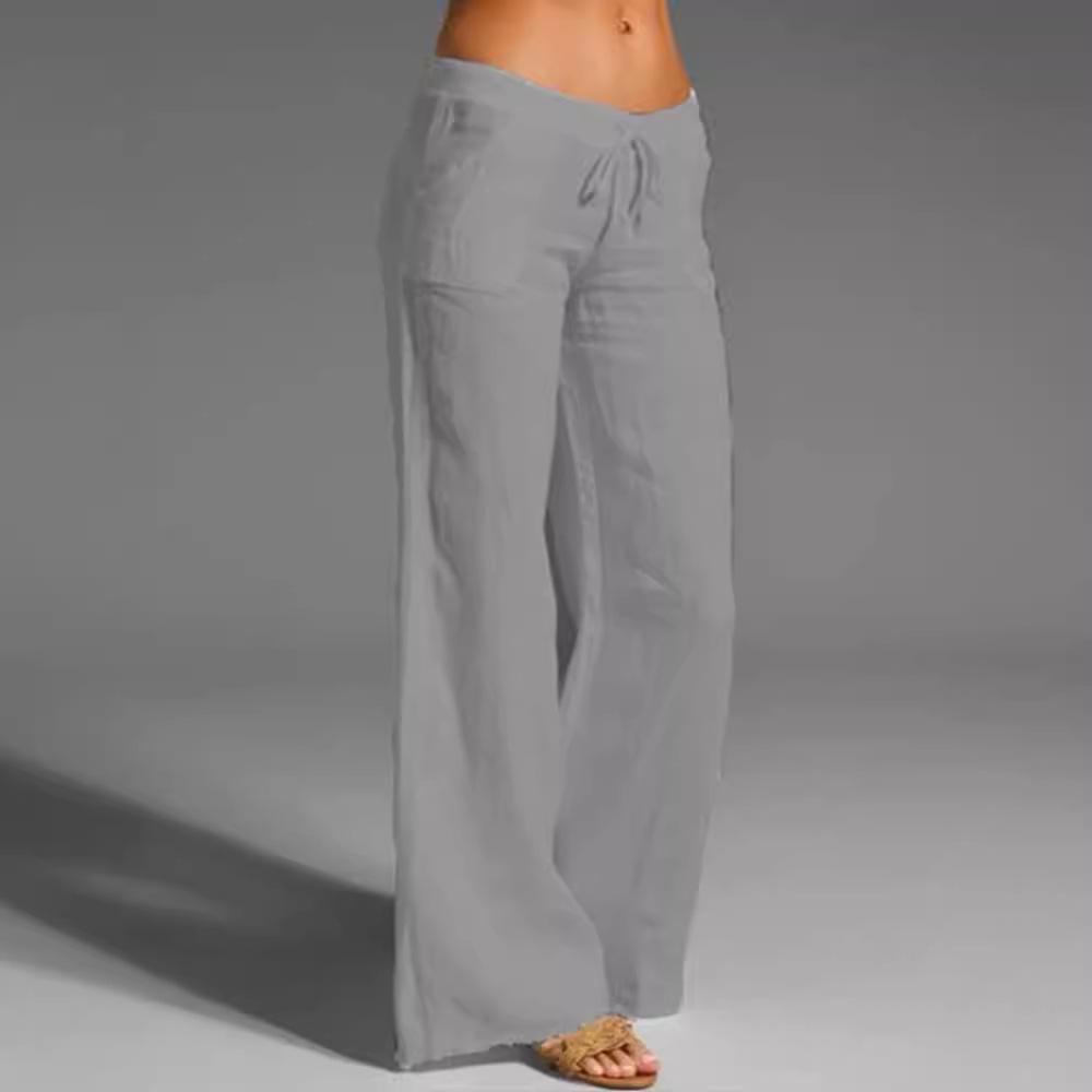 Pantalones Casuales de Algodón Lino para Mujer de Pierna Ancha con Cordón - Talla Grande, Color Sólido