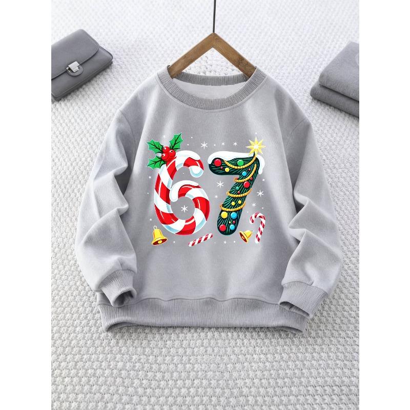 Girl's Round Neck Sweatshirt with Creative Number 67 Pattern, Candy Cane and Christmas Tree Elements, Kids' Top