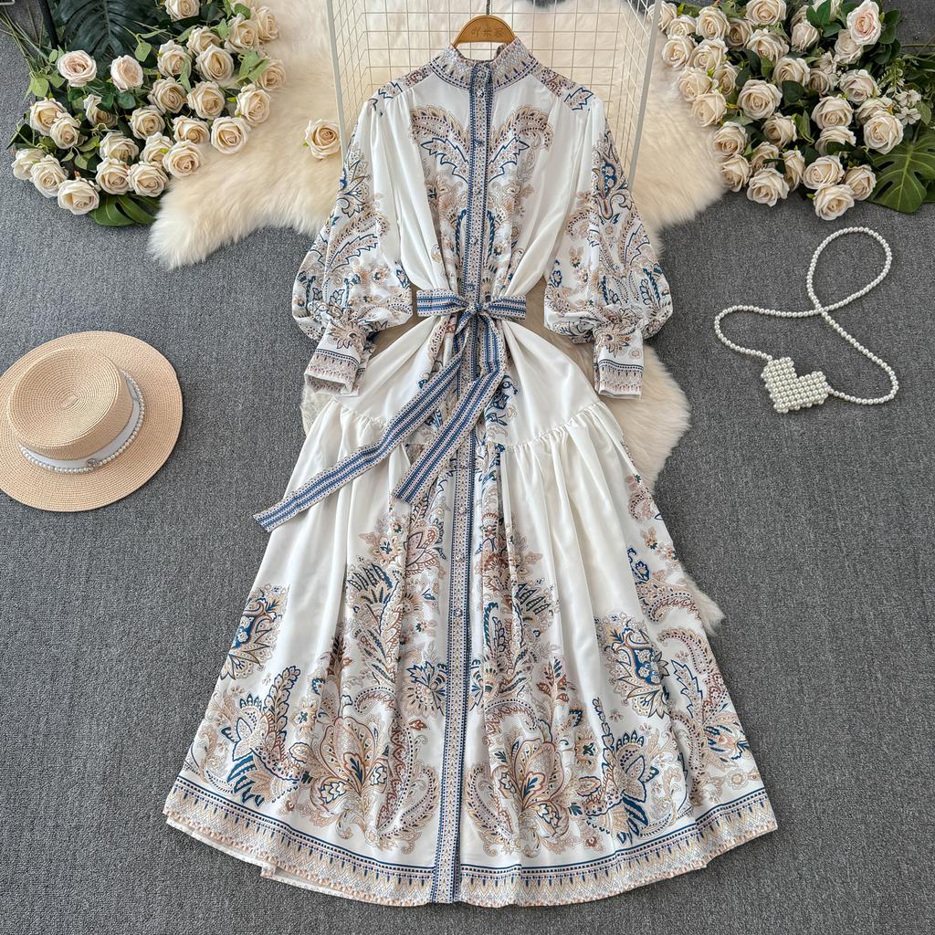 Vintage Langes Kleid für Damen, Frühling, Herbst, Blumendruck, Robe, Stehkragen, elegant, einreihig, Schnürgürtel, plissiertes Maxikleid