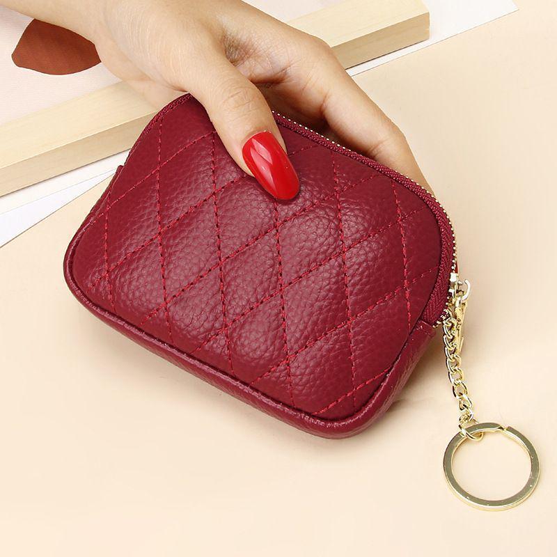 Women's Retro Soft Leather Coin Purse - Mini Diamond Pattern Keychain Wallet with Card Holder & Zipper