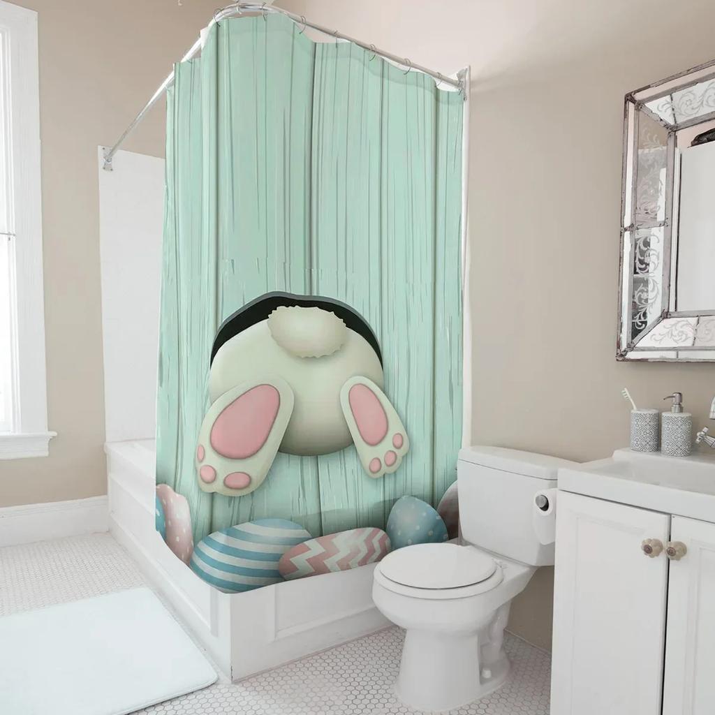 Cute Easter Bunny And Eggs Design Waterproof Shower Curtain Heat Resistant Machine Washable Non-Transparent 180X180Cm
