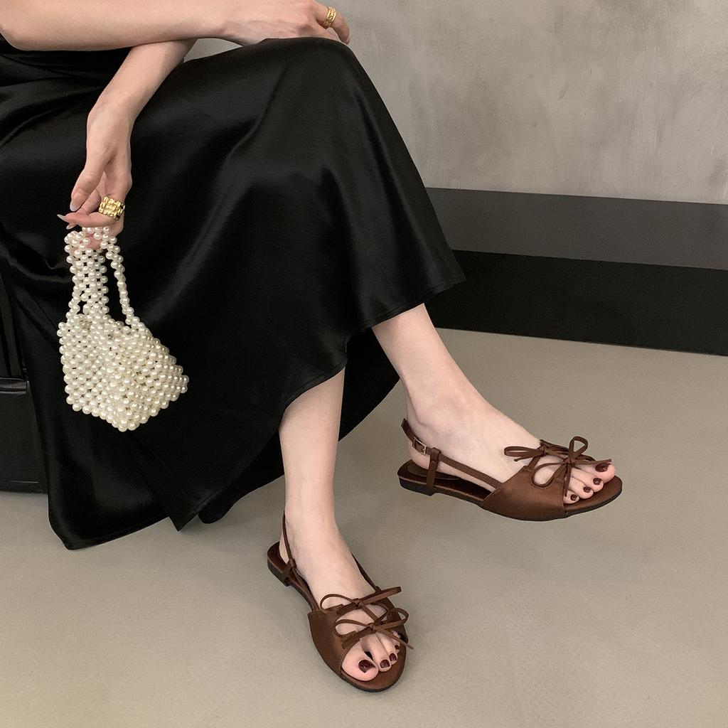 French satin bow open-toed flat sandals 2025 summer new round head outer wear flat heel cool slippers