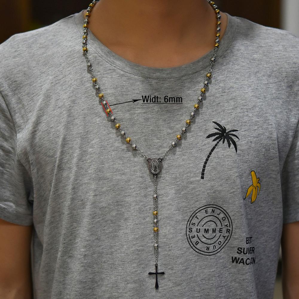 Edelstahl Rosenkranz Halskette für Männer Frauen Religiös Kugelkette Christliches Münz Kreuz Anhänger Jesus Schmuck Zubehör