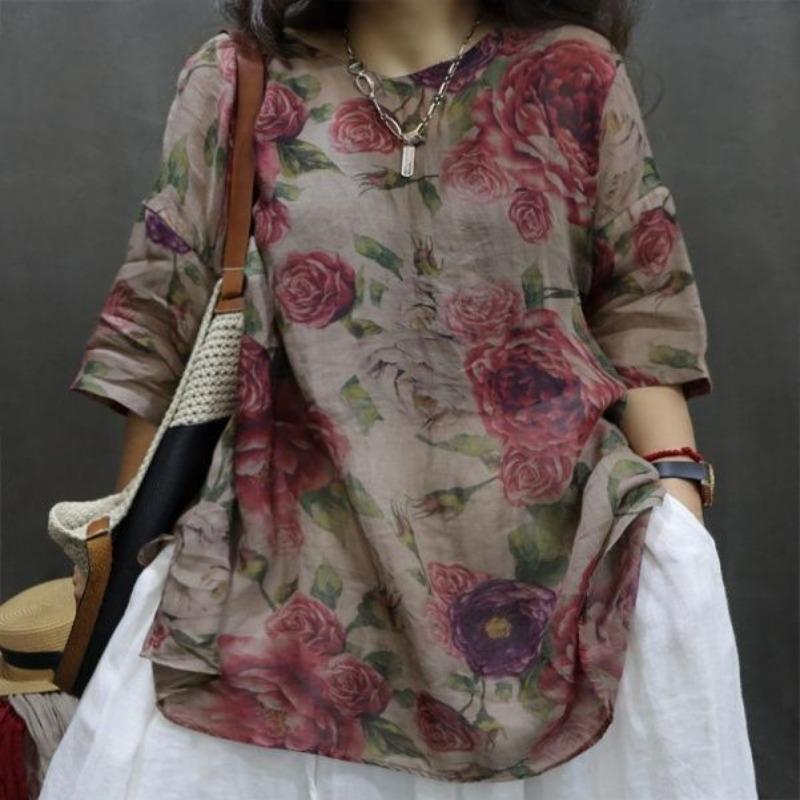 

women s Retro Printed Half Sleeve Cotton Linen Loose Tunic Top Casual Oversized Blouse Shirt M сірий колір