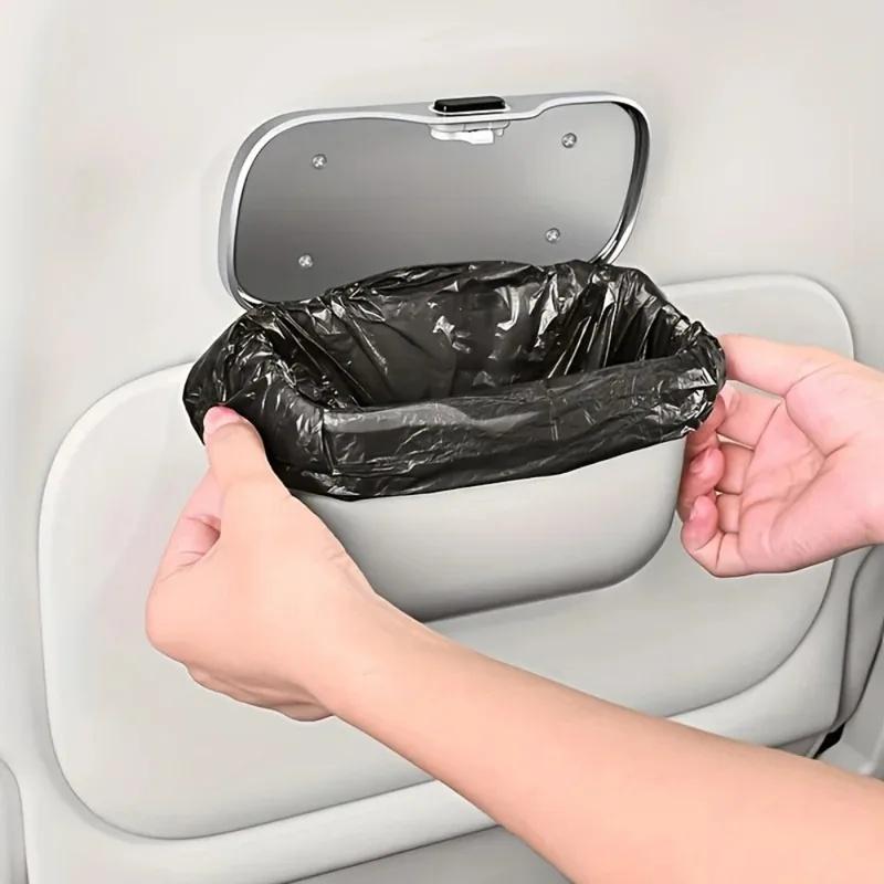 Multifunctional Hanging Car Trash Can With Press Top Lid Wet & Dry Storage Bin For Auto Interior Accessories