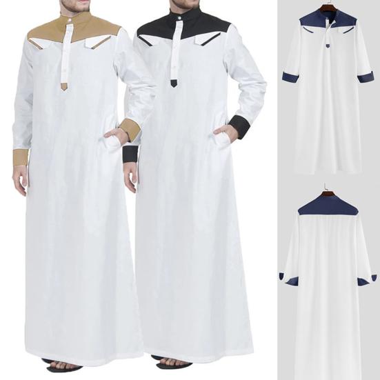 Men Mandarin Collar Long Sleeve Robe Contrast Color Buttons Half Placket Pockets Loose Fit Traditional Robe