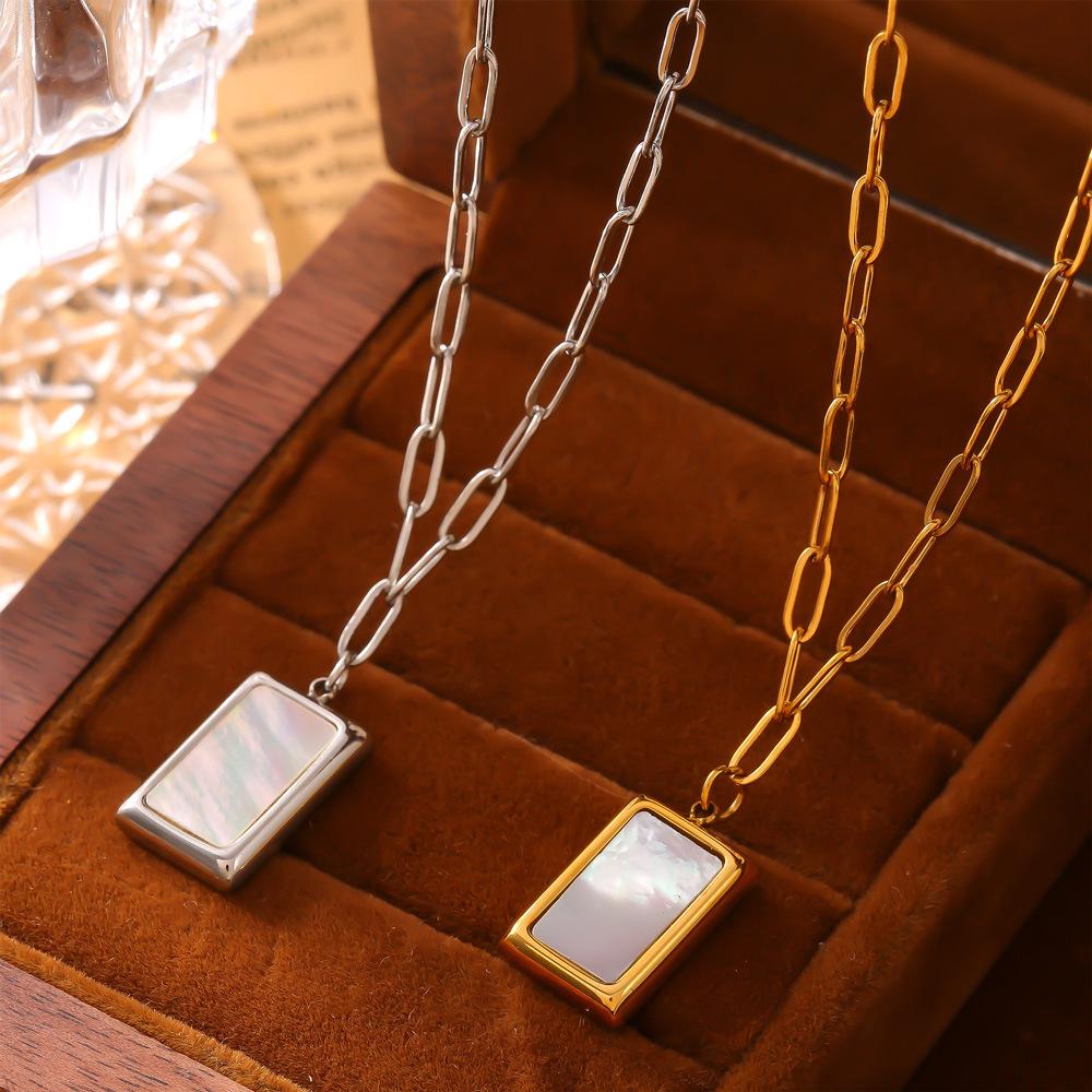 Simple White Sea Shell Square Pendant Necklace Titanium Steel Plated 18K Real Gold Niche Jewelry