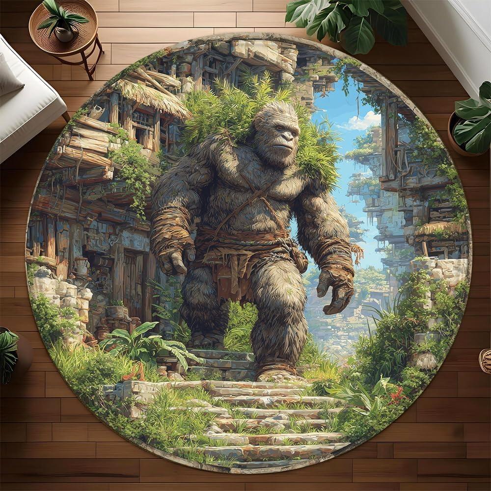 3D Illusions Gorilla Hole Round Rug Soft Non Slip Living Room Carpet Animal Theme Home Decor Floor Protection Mat for Hallway