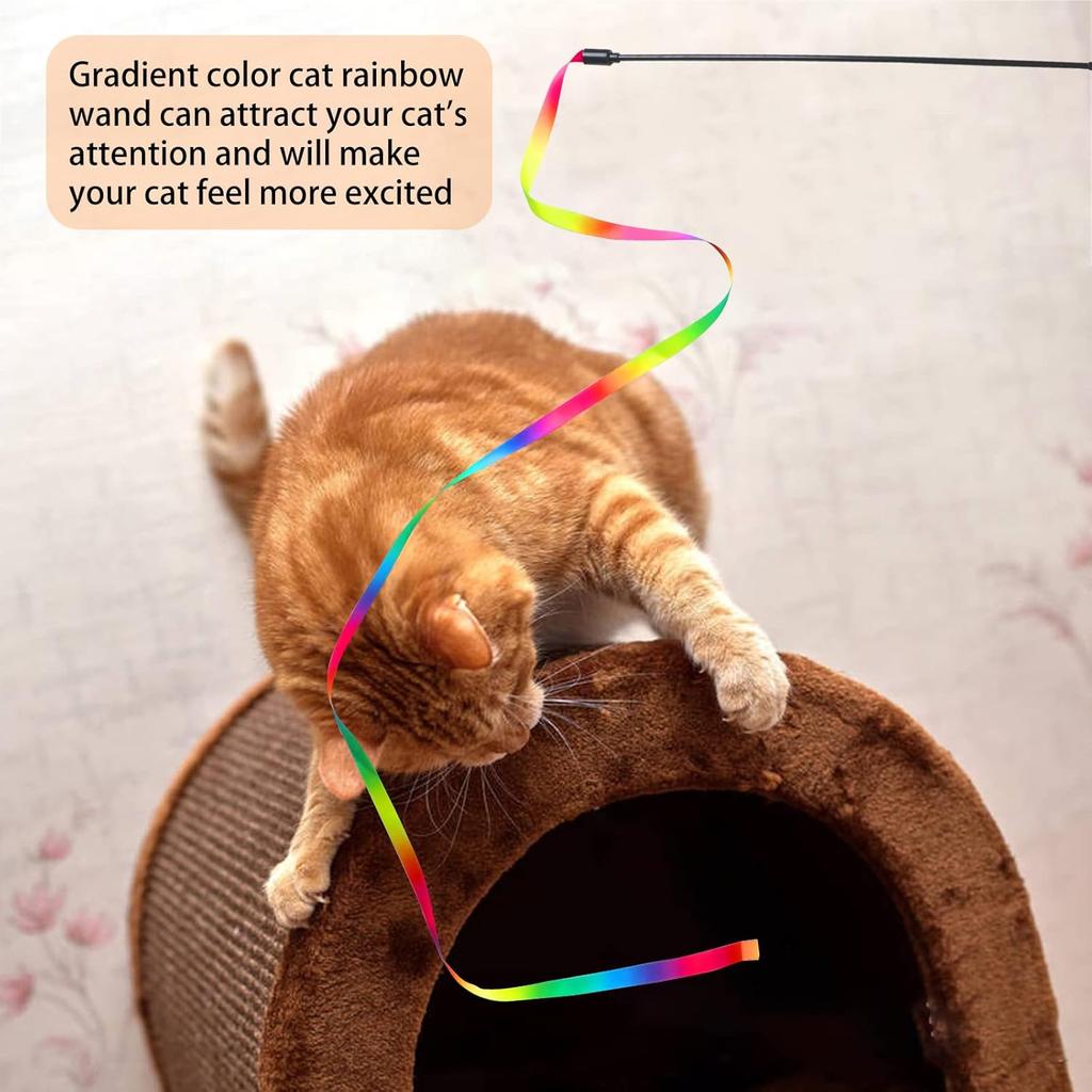 Cat Wand Toys Interactive Kitten Toys for Indoor Cats Colorful Teaser Wand String for Exercise Kitten Stick Kitty Rope Toy Rainbow Ribbon Cat Charmer