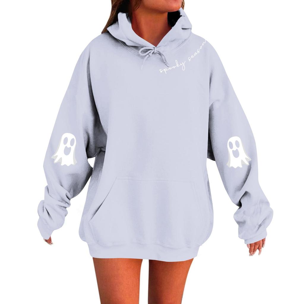 Women's Solid Color Long Sleeve Casual Halloween Print Pullover Hooded Sweatshirt