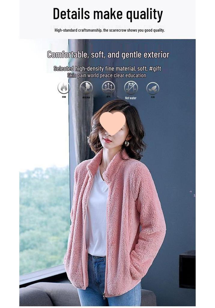 Women's Double-Sided Coral Fleece Cardigan - Autumn/Winter Plus Size, Stand Collar, Thick & Warm Long Sleeve Pajamas