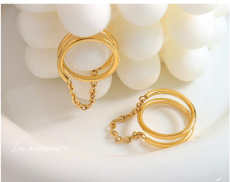 18K Gold Plated Titanium Steel Double Layer Index Finger Chain Ring for Women - European & American Style