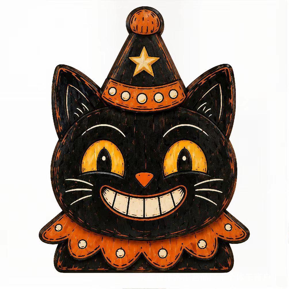 Halloween Pumpkin Ghost Pendant Distressed Painted Cartoon Wooden Black Cat Ornament