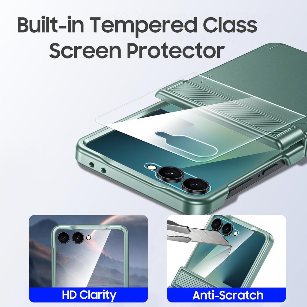 For Samsung Galaxy Z Flip 7 with Card Holder [RFID Blocking] & Hinge Protection & HD Screen Protector,Rugged Anti-Scratch Phone Case-Mint Green