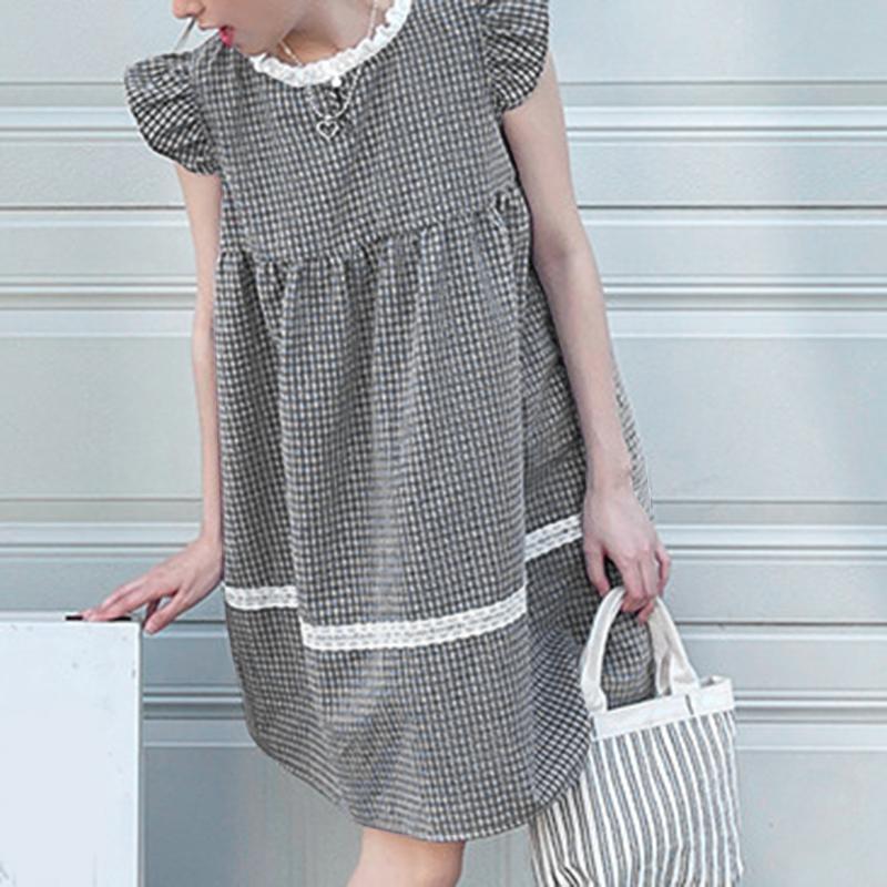 

VONDA Women Sleeveless Crochet Hem Plaid Casual Ruffled Tuni Dress S чёрный