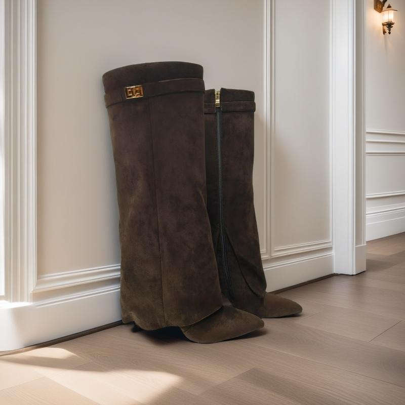 Elegant High Heel Mid-Calf Boots with Metal Buckles for Formal Banquets, Stylish Riding Boots for Women, Chunky Heel Dress Boots