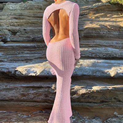 Autumn Wool Woven Sexy Hollow Backless Net Hole Long Sleeve Pure Wind Long Dress