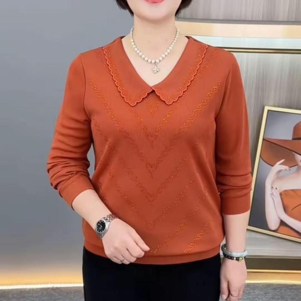 Autumn Chic Long-Sleeve Slimming Rhinestone Doll Collar T-Shirt