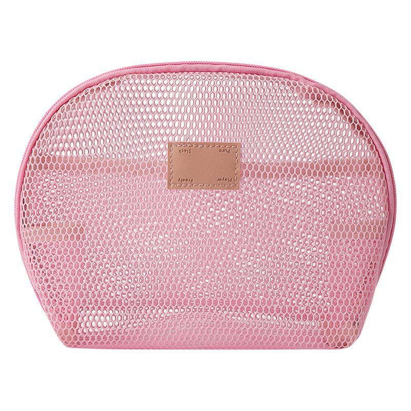 Portable Half-Round Mesh Makeup Bag - Compact Travel Toiletry & Lipstick Organizer