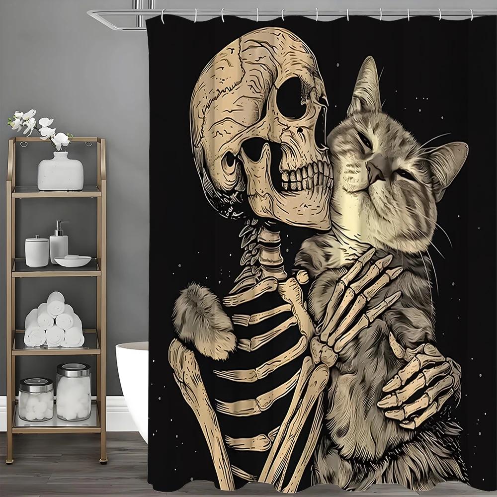 Skeleton Skeleton And Cat Shower Curtain, Bathroom Decorative Shower Curtain, Waterproof Shower Curtain With Hooks