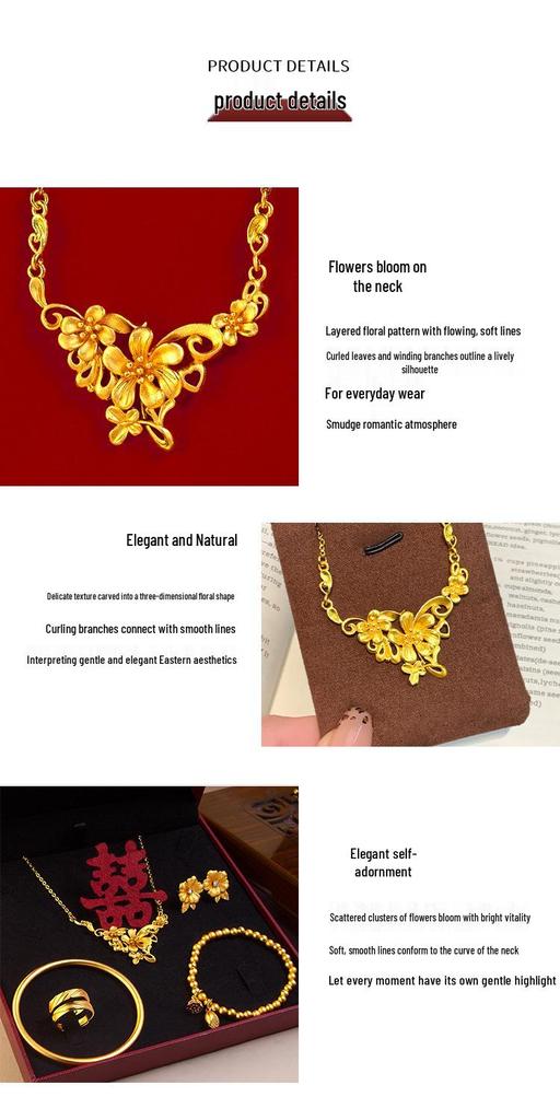 Three Lives Floral Necklace for Women: Imitation Sand Gold Wedding Jewelry Set
