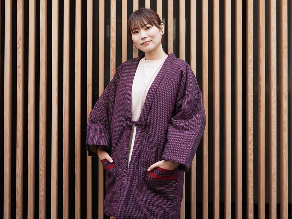 Tayutaf Hanten Made in Japan with Tsumugi Weave and Padded Fabric One Size Fits Most Sashiko Red and Women's Kurume-woven (Haten) - - (Standard,