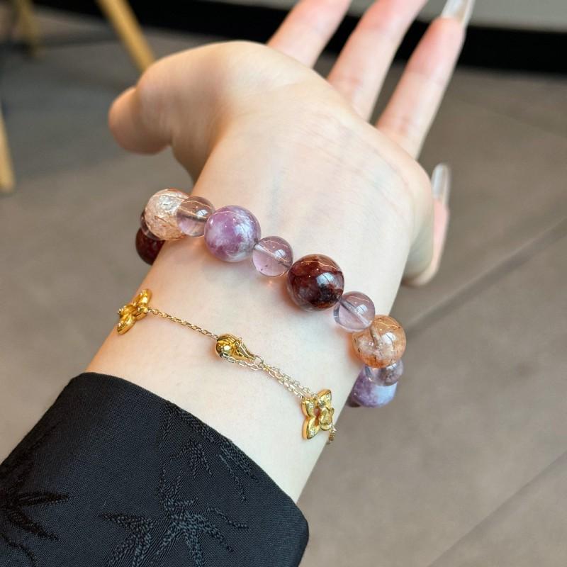Natural Amethyst Crystal Bracelet With Black Phantom Red Resin Flower Beads 18 12mm Round Bead Unisex Handmade Jewelry