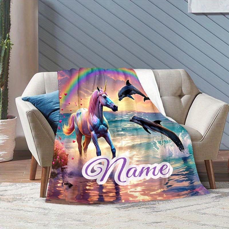 Unicorns And Dolphins Customize Your Name Blanket Warm Comfortable And Soft Blankets Are Suitable For Home Chairs Office Sofas Sofas Office Camping