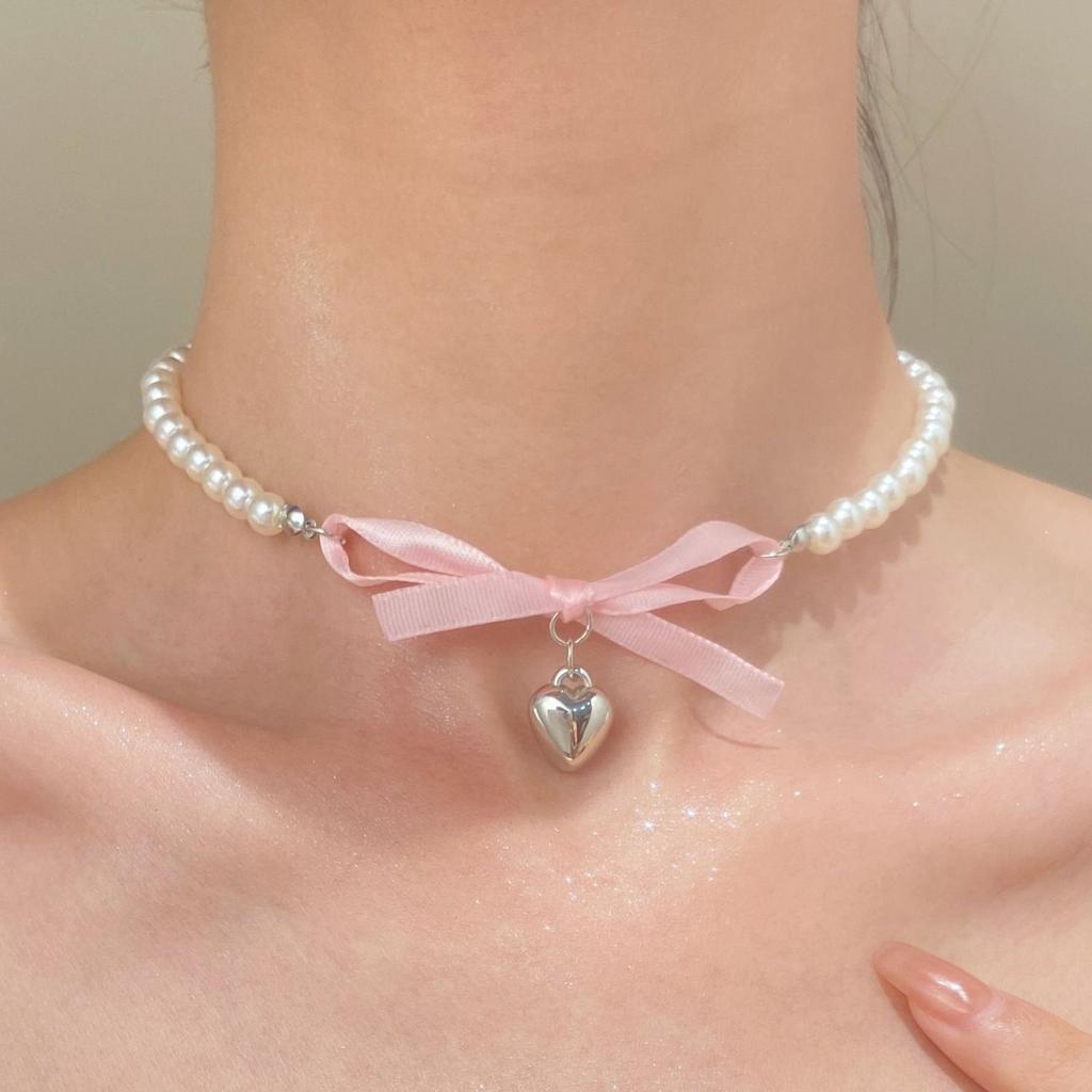 Bow Heart Pendant Pearl Necklace Women's Internet Sweet Desire Necklace Clavicle Chain Women