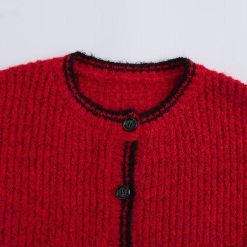 Kaslead New Arrival Women's Clothing Fashion Style Minimalist Retro Color-Block Crew Neck Knitting Cardigan Outerwear Top