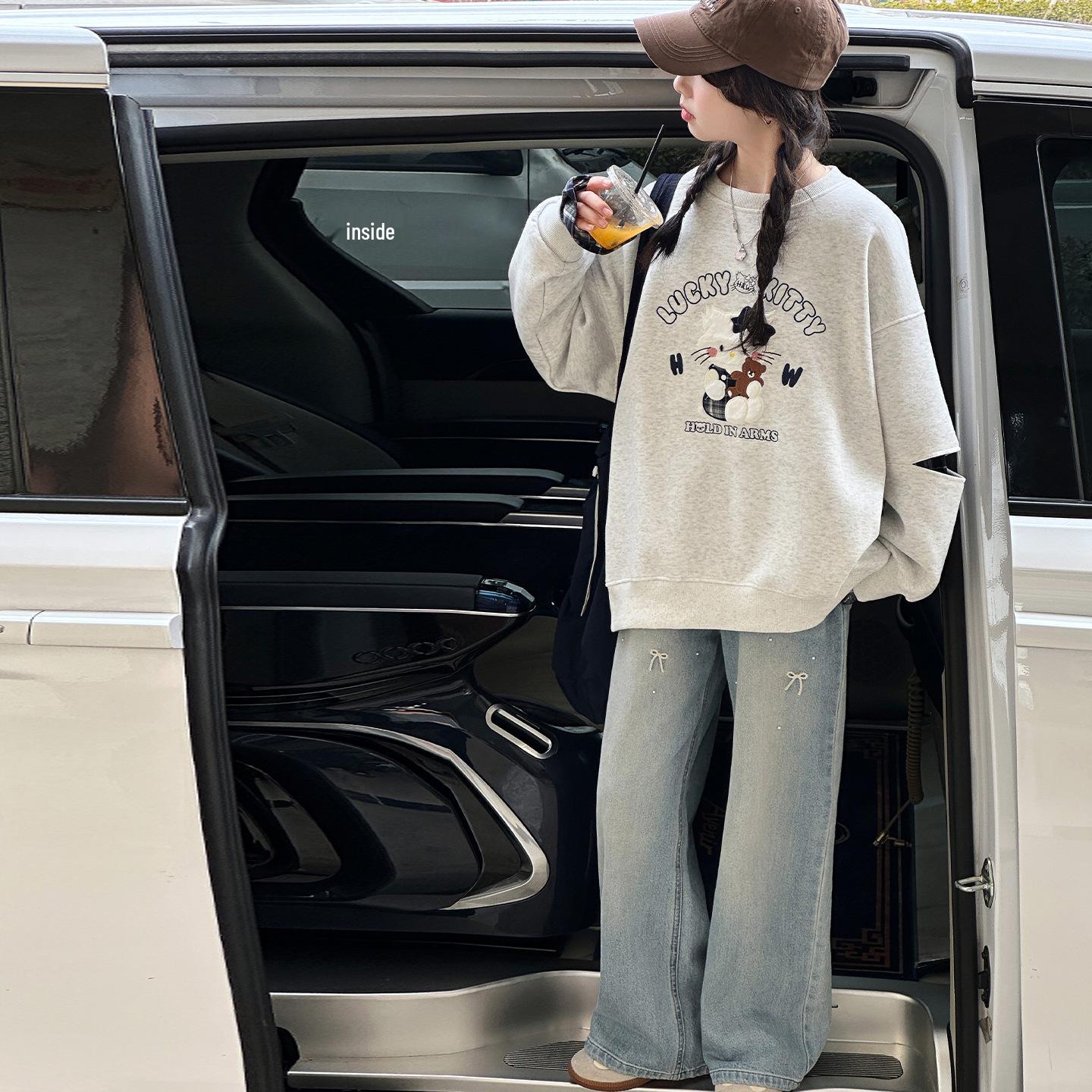 Plaid Patchwork 3D Embroidery Hoodie & Bowknot Jeans Girls Spring Set 2026 170cm