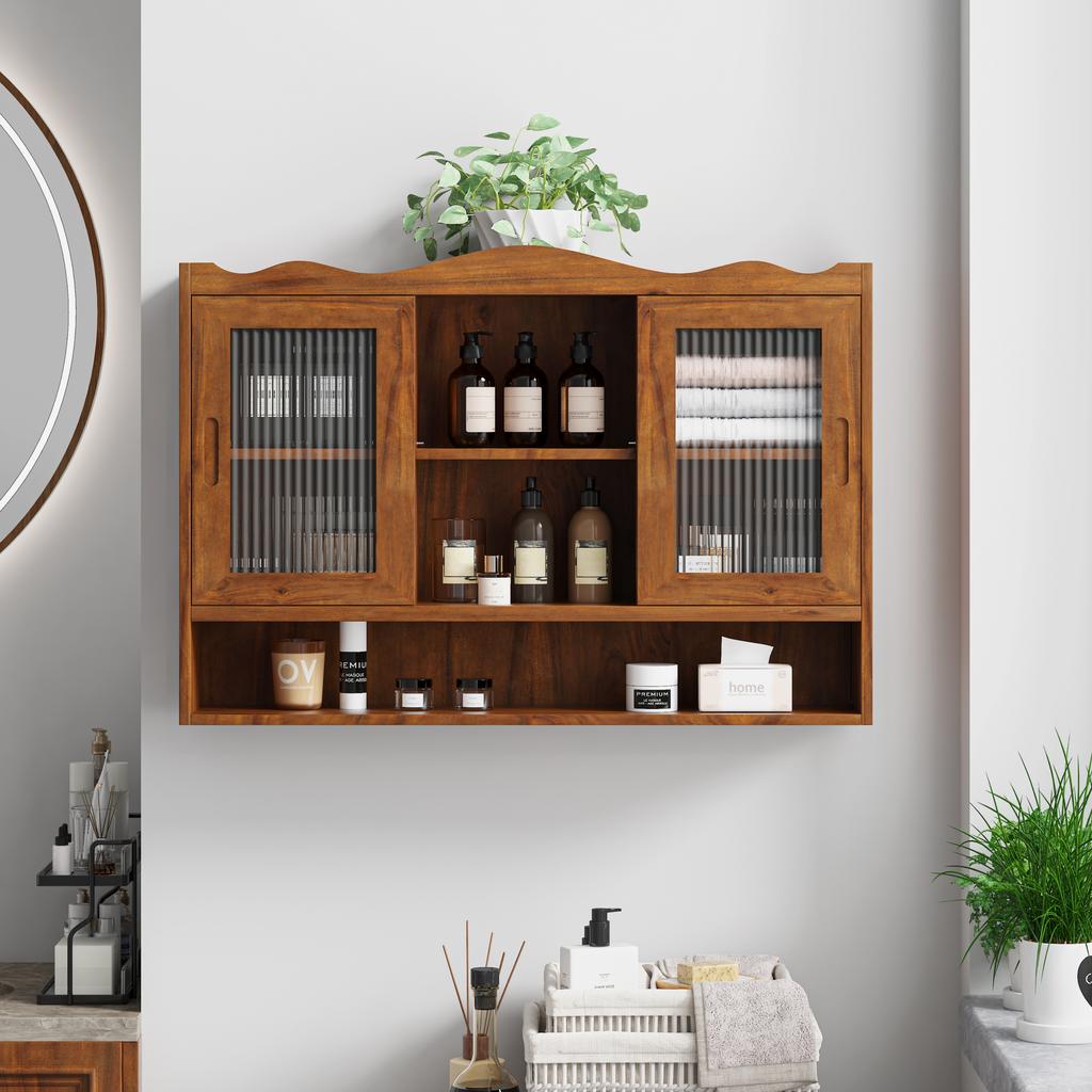 90CM Retro 2-türiger Schiebeschrank Drei Ebenen Stauraum, Geeignet für Badezimmer, Küchen, Esszimmer, Braun