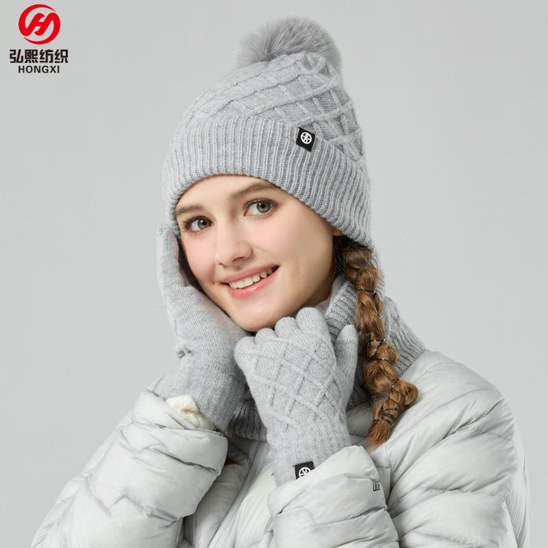 Winter warm hat, scarf, gloves three-piece set, plush outdoor hairball knitted hat, cold-proof scarf three-piece set