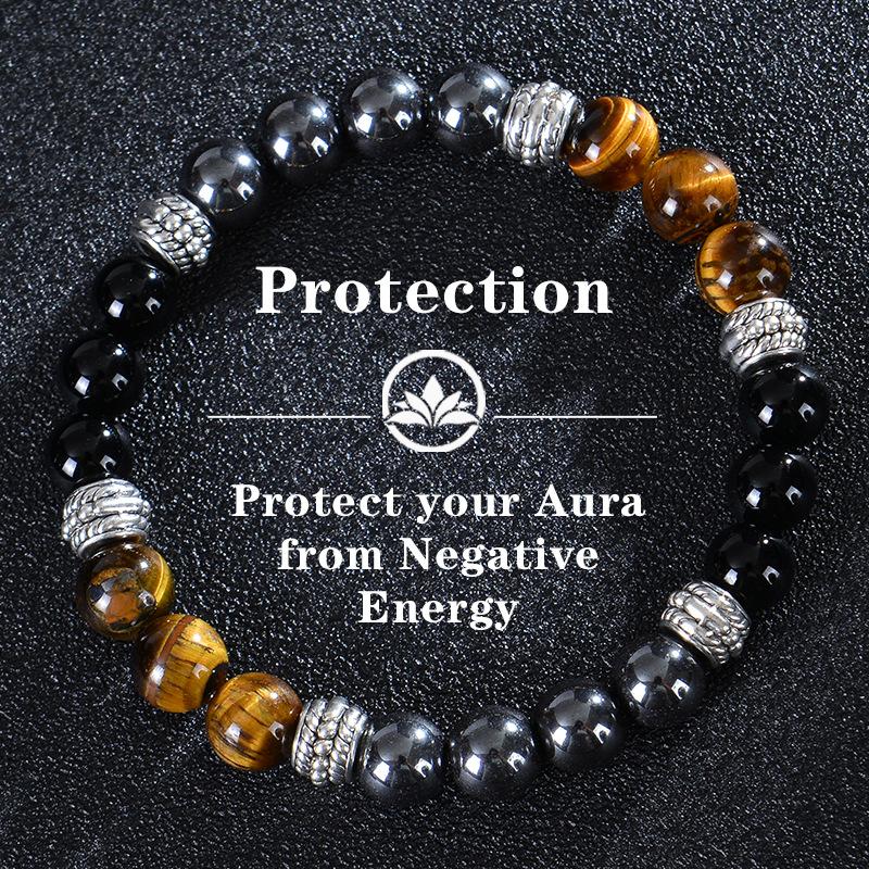 Natural Stone Triple Beaded Bracelet Tiger Eye Obsidian Black Magnet