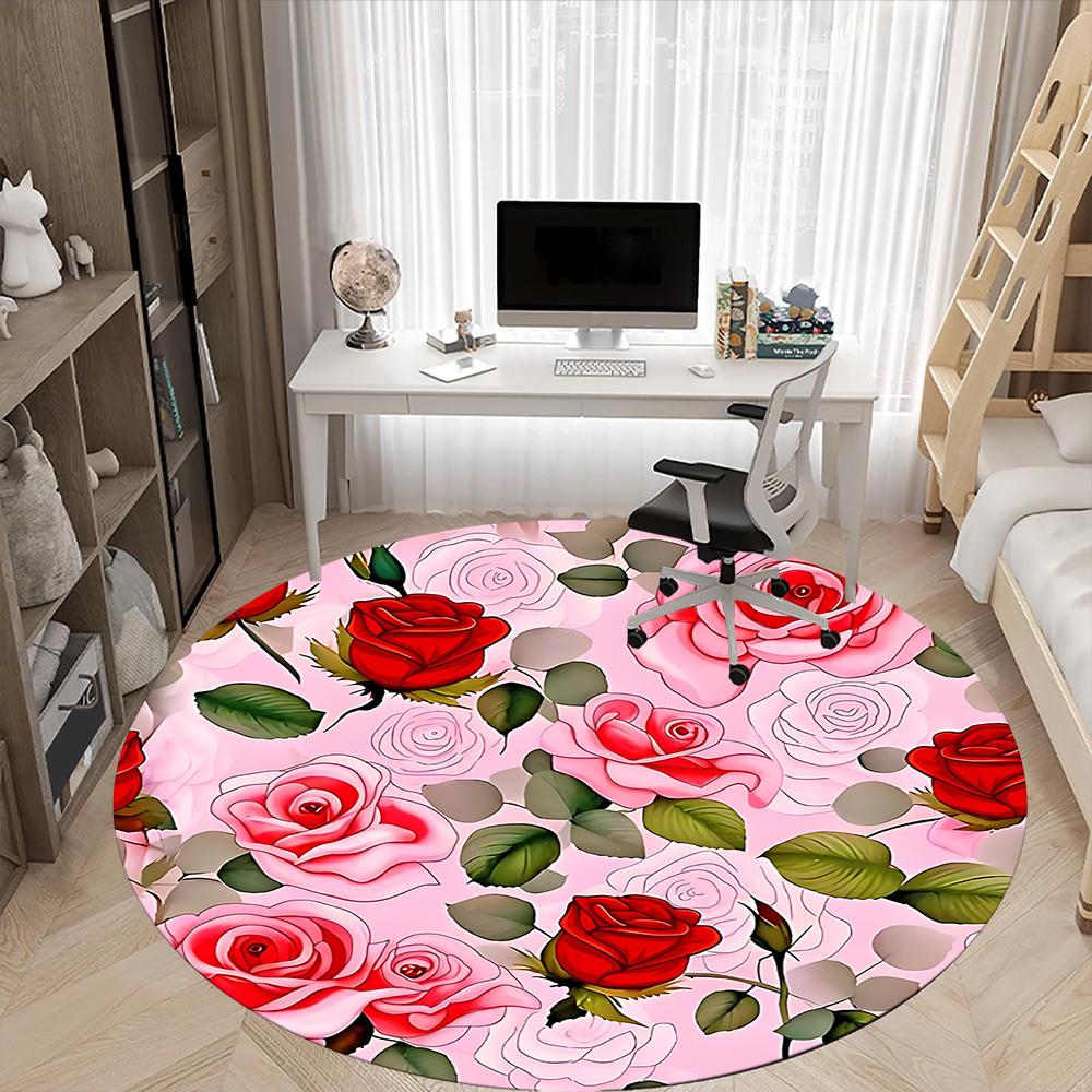 1 Stück Rundteppich mit Rosenmuster für das Büro, rutschfest, weich und langlebig, Büroteppich für die Innendekoration, perfekt für das Büro, schöne Dekoration yy26032308